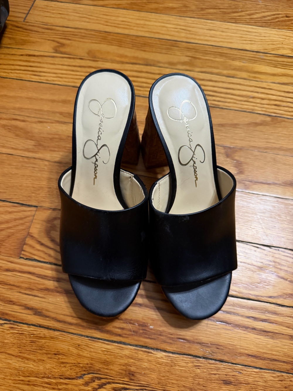 Jessica Simpson Black Open-Toe Slide Mules with Wood Block Heel